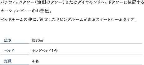 独立したリビングルームがあるスイートルームタイプ。