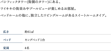 独立したリビングルームがあるスイートルームタイプ。